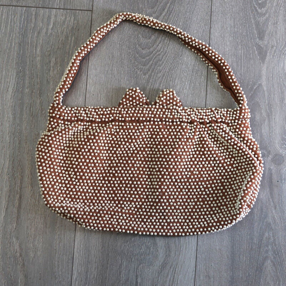 Vtg 80s Purse Handbag Brown White Beaded Lined Satchel Floppy Bag Hinged